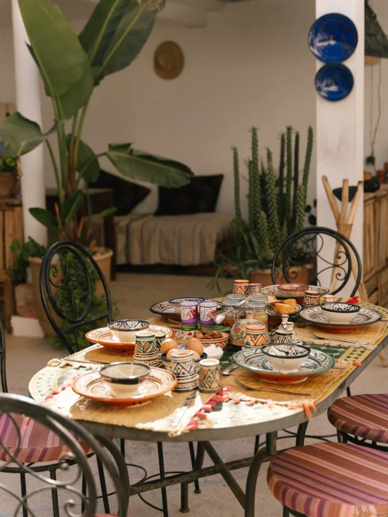 A generous Moroccan breakfast in the courtyard